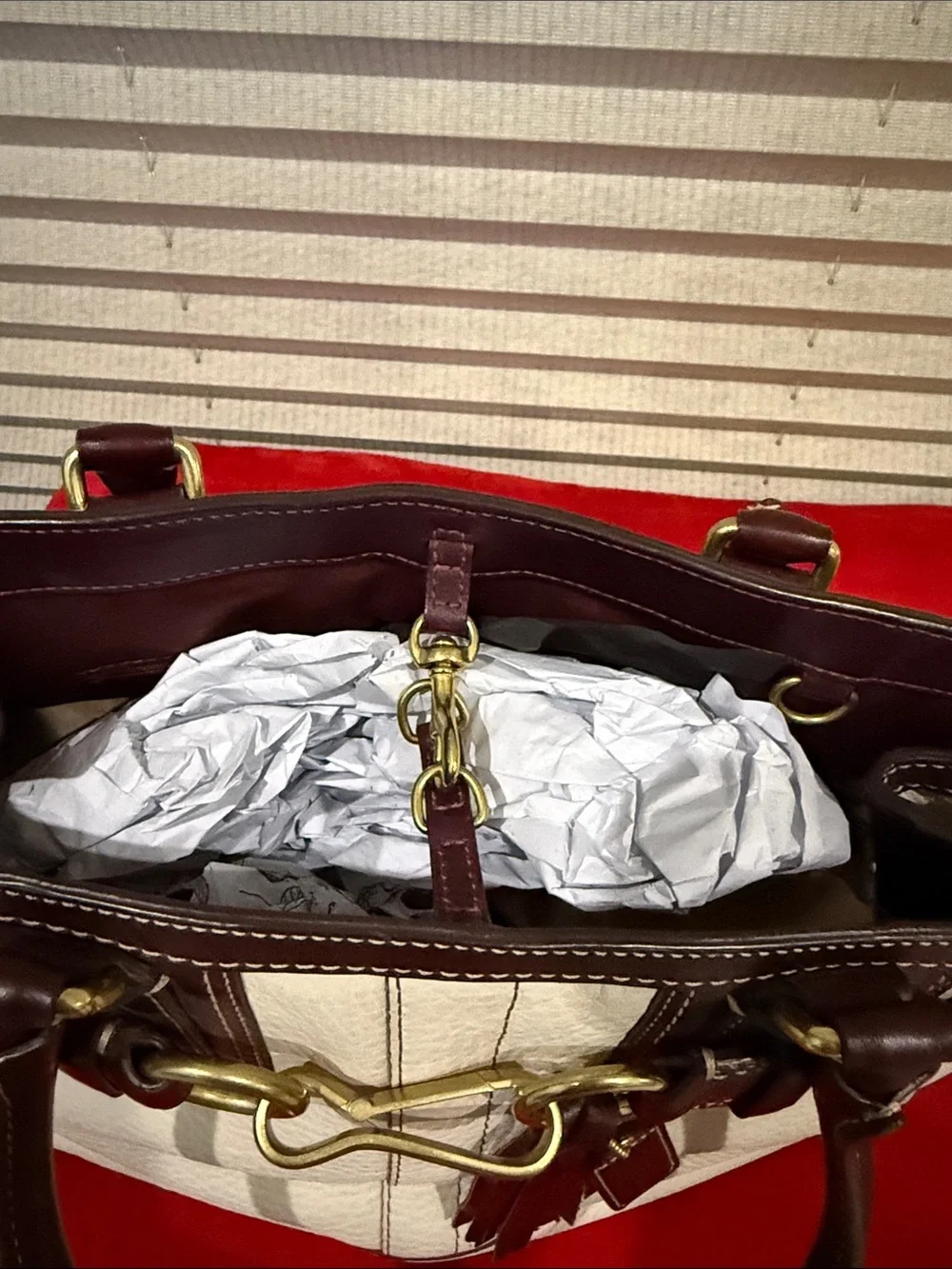 Coach Cream Leather Shoulder Bag with Dark Brown Trim and Gold Hardware